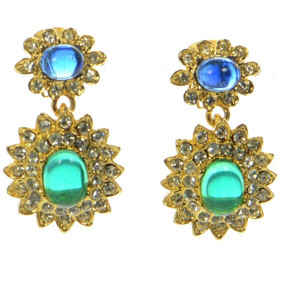 Vintage Kenneth Jay Lane KJL Gold-tone Gemstone & Crystal Drop Earrings - Picture 1 of 8